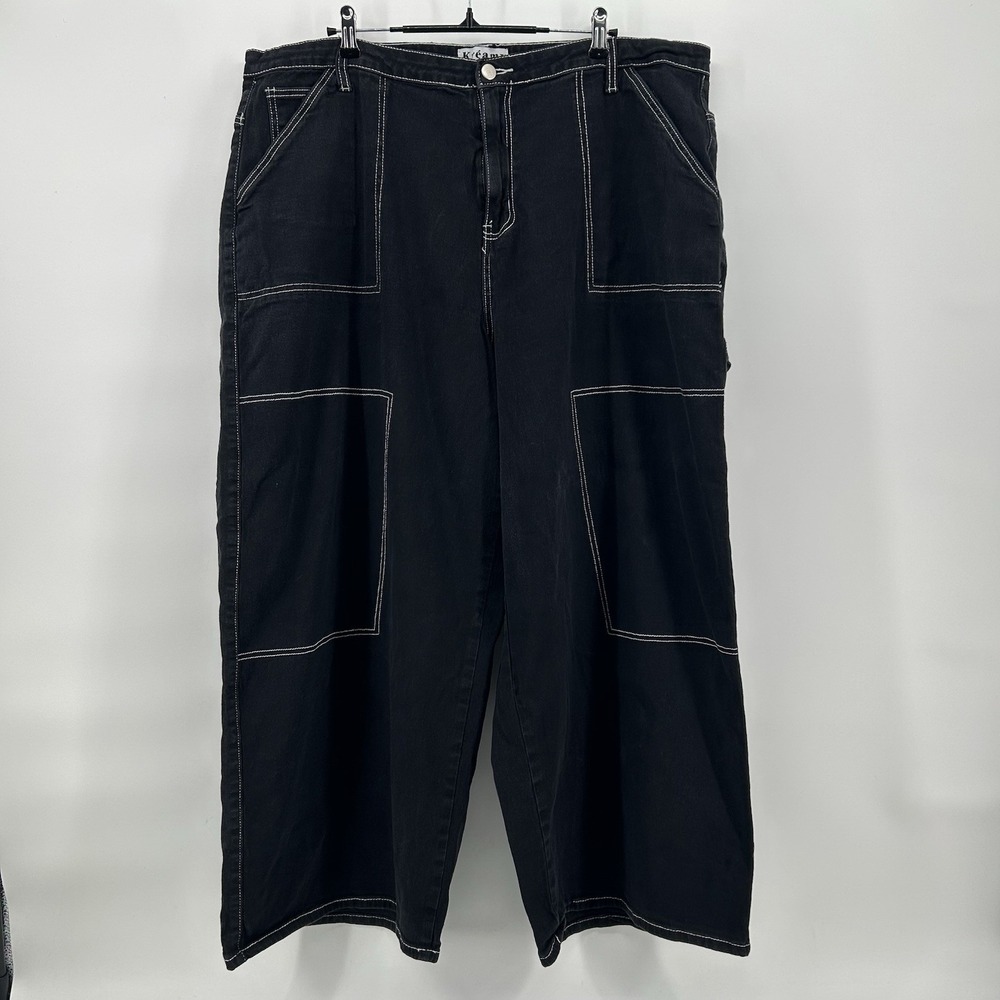 Kreamy Wide Leg Pants Womens 2XL Black‎ Contrast Stitch Stretch Y2K Streetwear